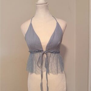 Blue Tie-Front Sheer Halter Top